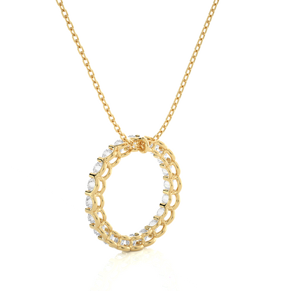 Close up of round lab grown diamonds on open circle pendant necklace