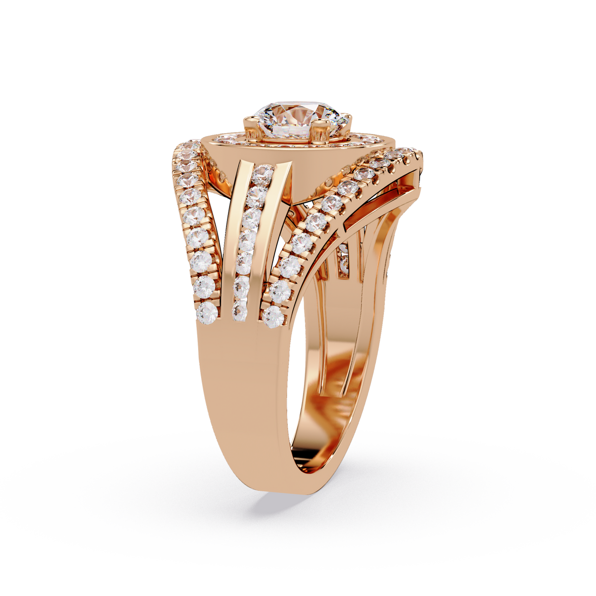 Round Lab Grown Diamond Double Halo Split Shank Ring - HIGHCARAT DIAMONDS