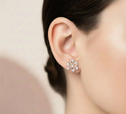 Round cut diamond floral earrings in rose gold finish