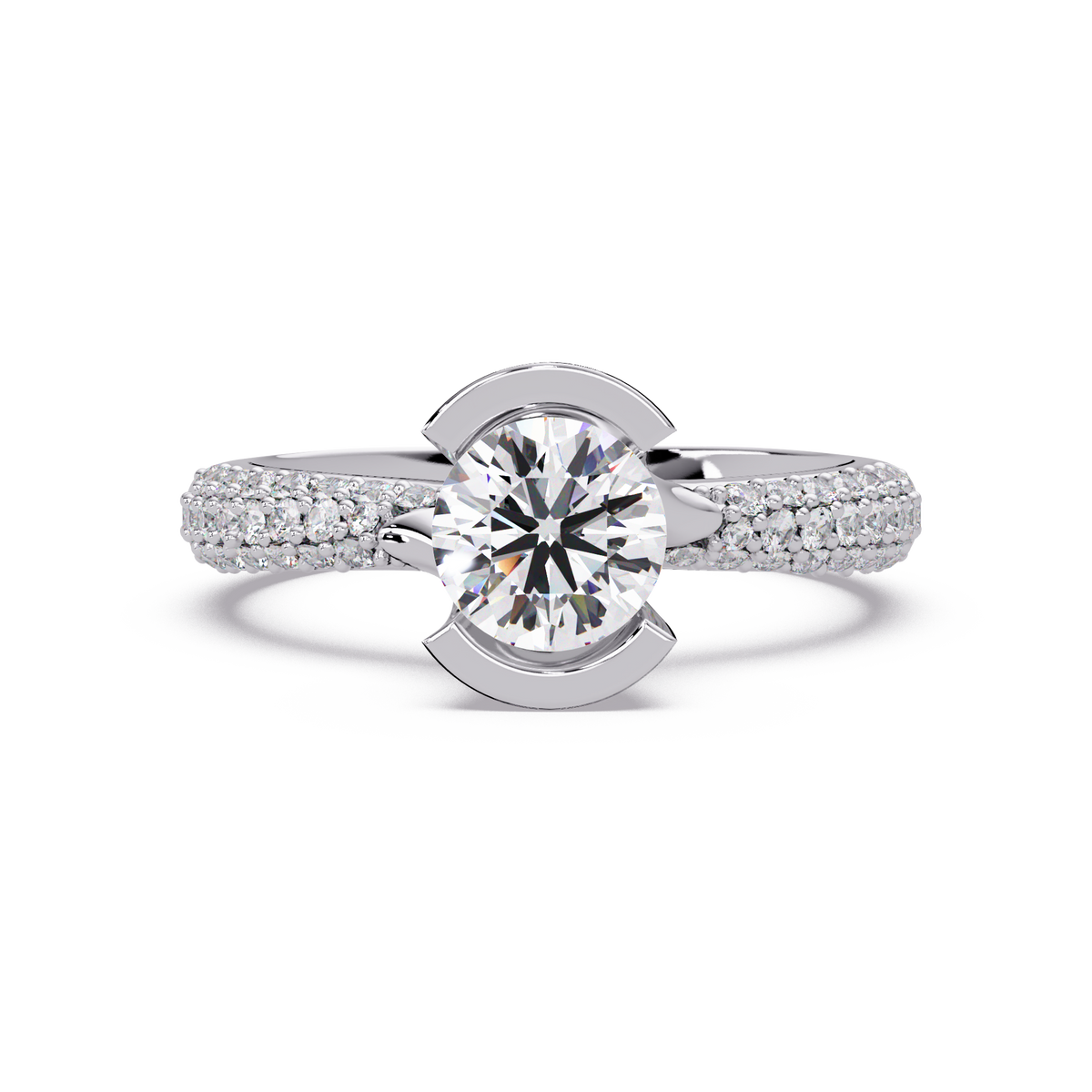 Round Lab Grown Diamond Half Bezel Accented Engagement Ring - HIGHCARAT DIAMONDS