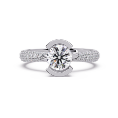 Round Lab Grown Diamond Half Bezel Accented Engagement Ring - HIGHCARAT DIAMONDS