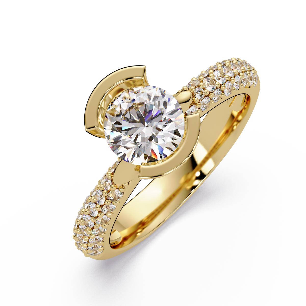 Round Lab Grown Diamond Half Bezel Accented Engagement Ring - HIGHCARAT DIAMONDS