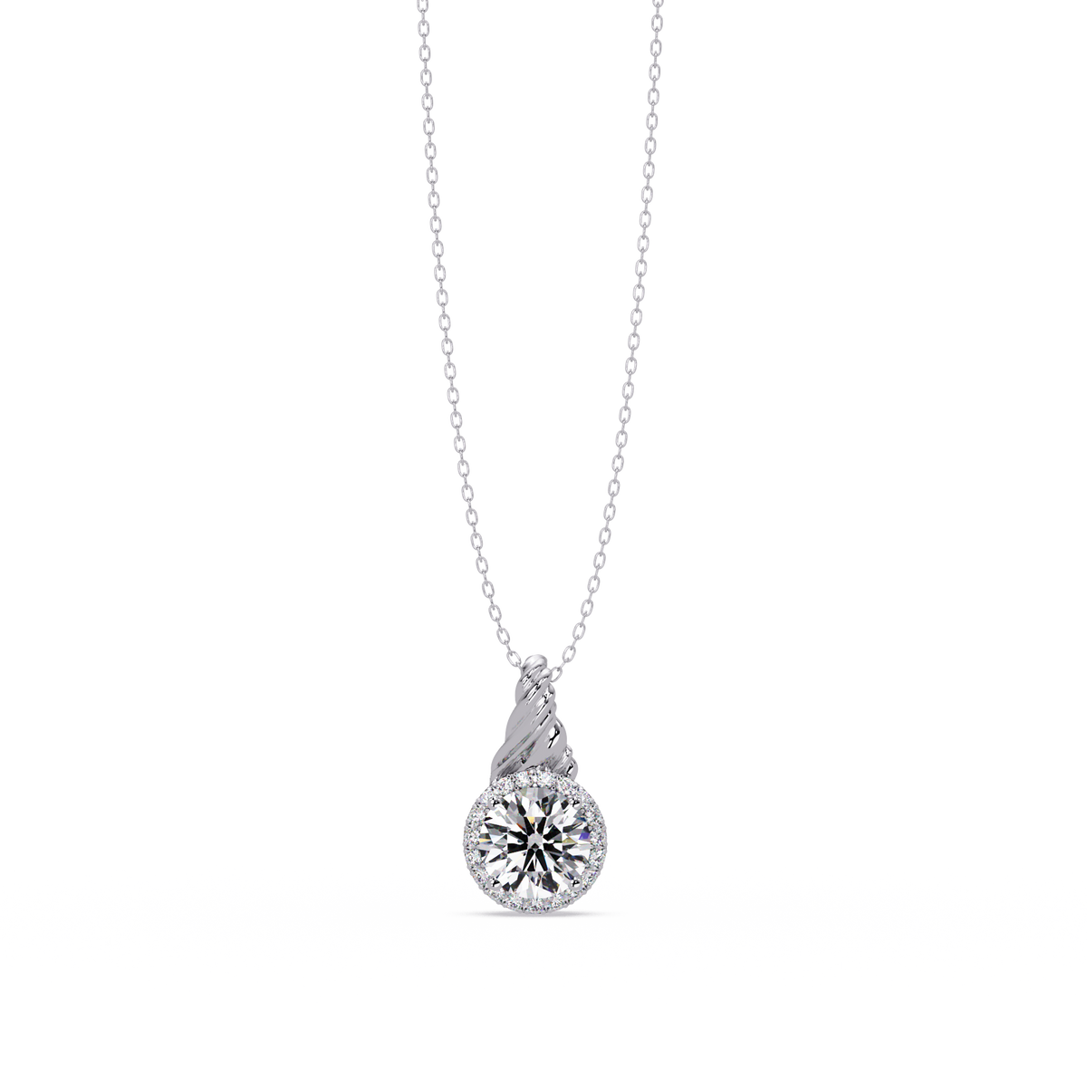Round Lab Grown Diamond Halo Twist Solitaire Pendant - HIGHCARAT DIAMONDS