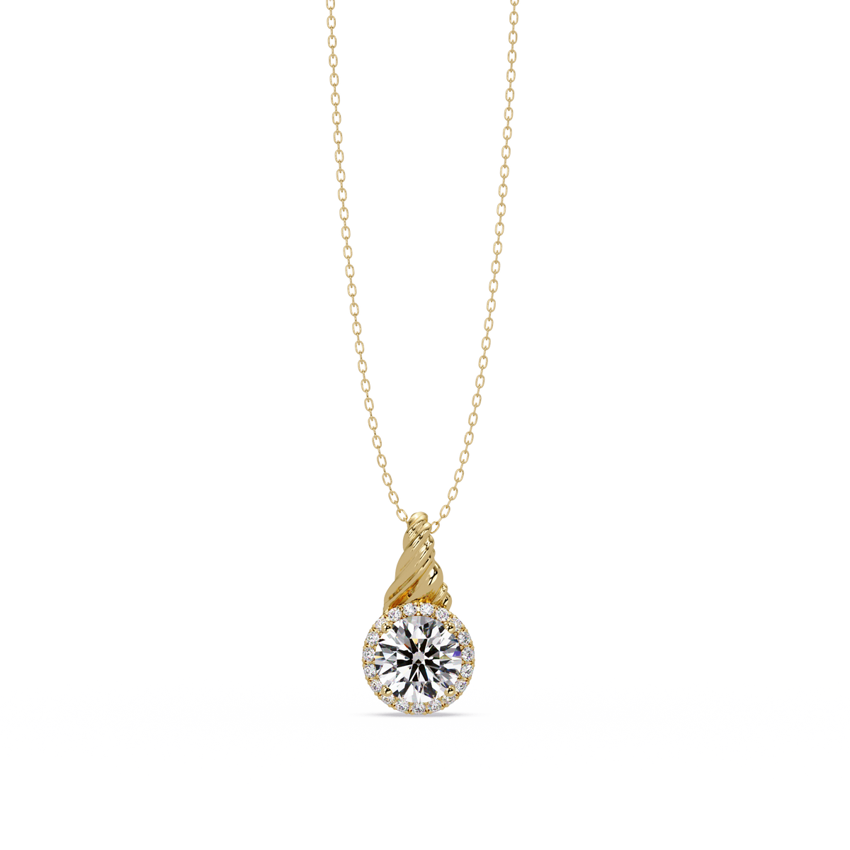 Round Lab Grown Diamond Halo Twist Solitaire Pendant - HIGHCARAT DIAMONDS
