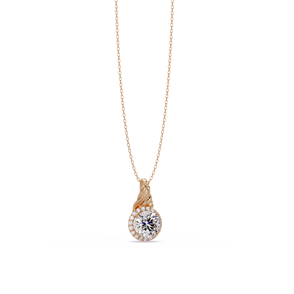 Round Lab Grown Diamond Halo Twist Solitaire Pendant - HIGHCARAT DIAMONDS