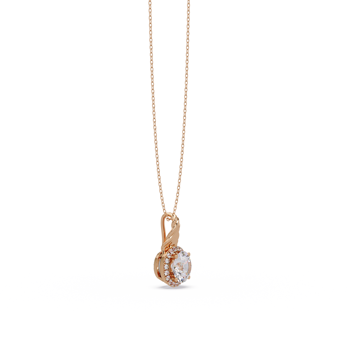 Round Lab Grown Diamond Halo Twist Solitaire Pendant - HIGHCARAT DIAMONDS