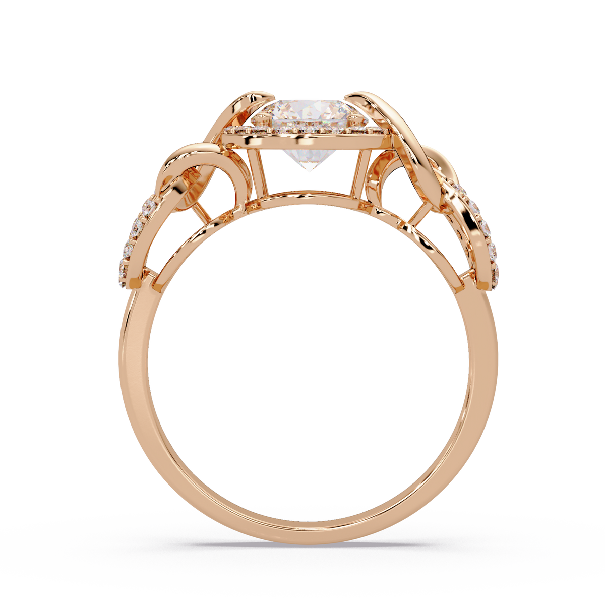 Round Lab Grown Diamond Halo Twisted Link Band Ring - HIGHCARAT DIAMONDS