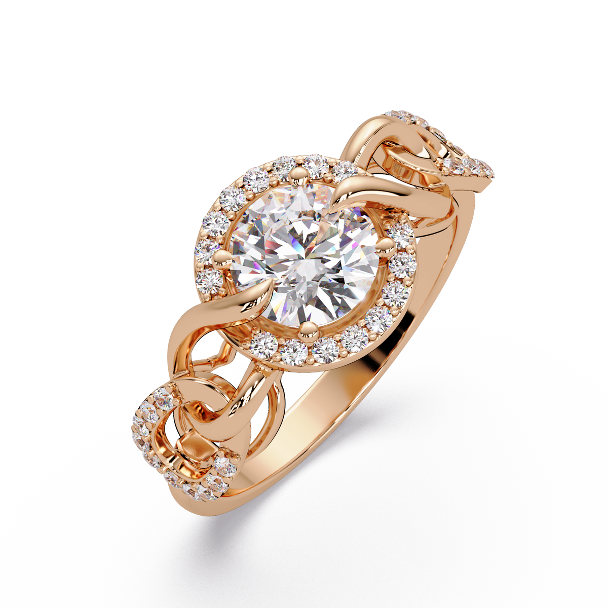 Round Lab Grown Diamond Halo Twisted Link Band Ring - HIGHCARAT DIAMONDS