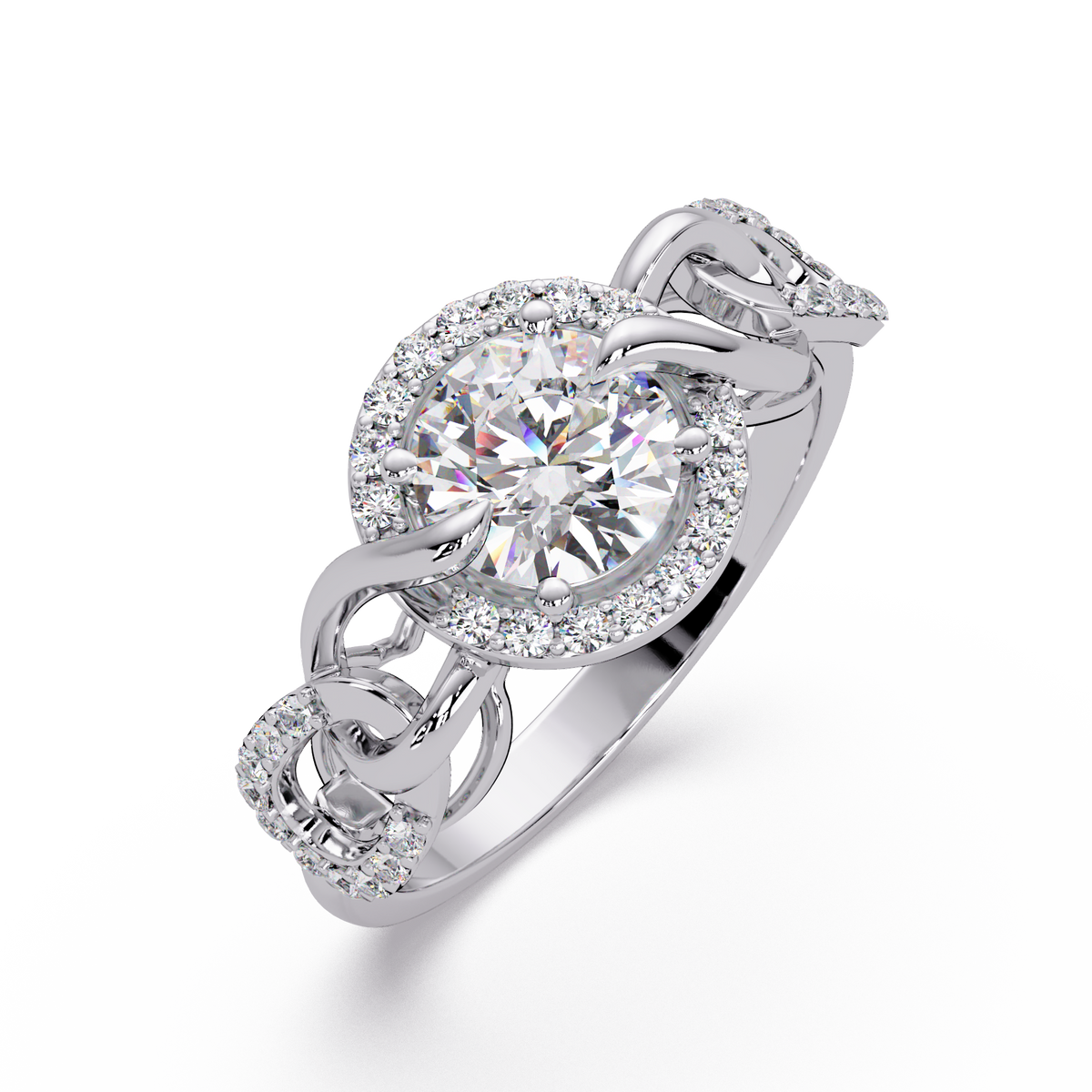 Round Lab Grown Diamond Halo Twisted Link Band Ring - HIGHCARAT DIAMONDS