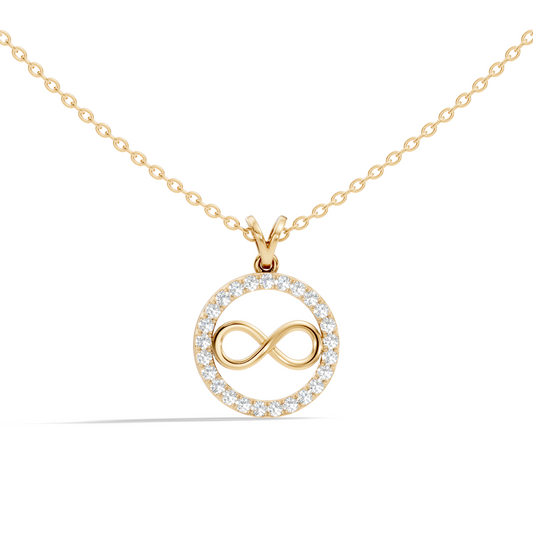 Infinity circle pendant with round lab grown diamond halo