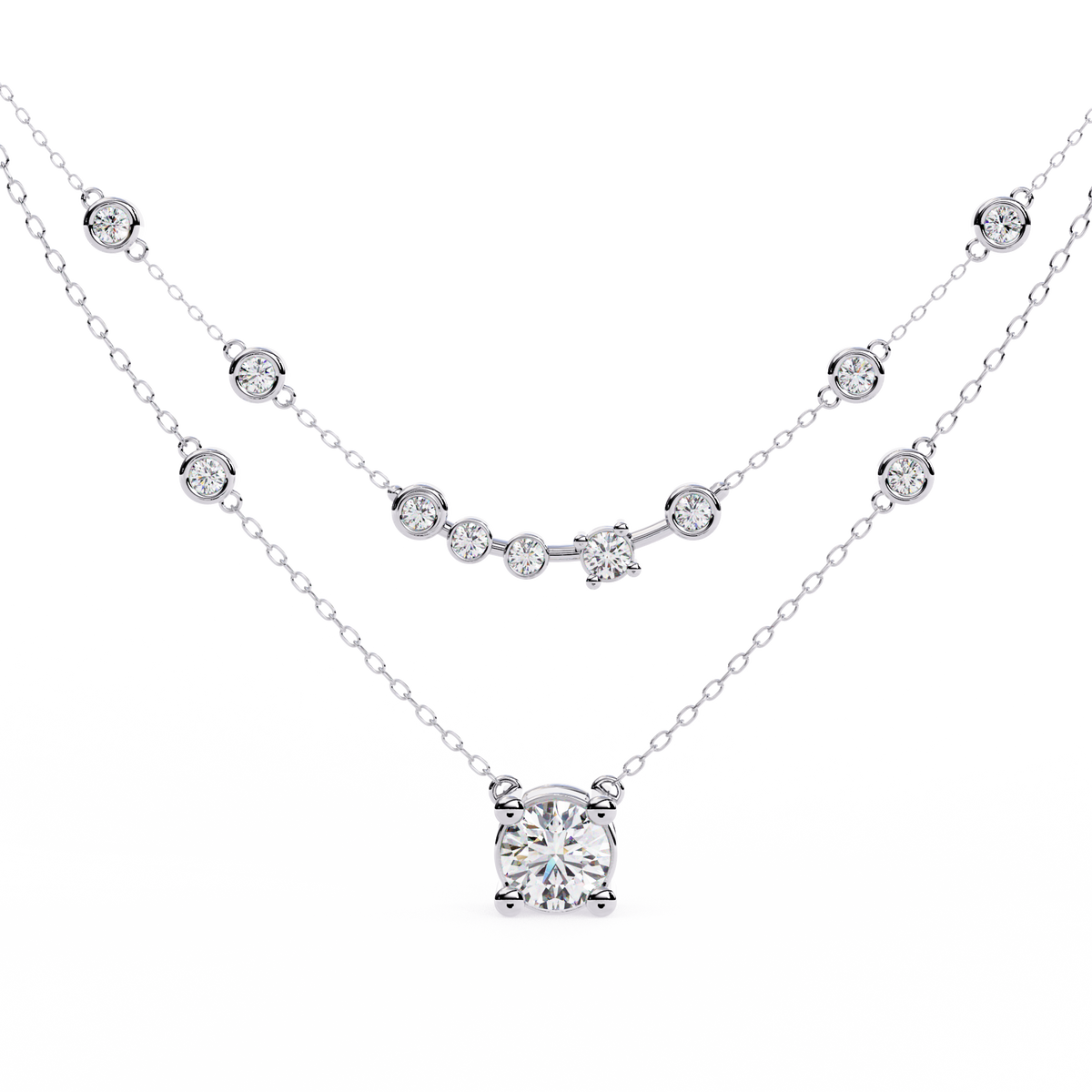 Double layer solitaire diamond necklace with floating accents
