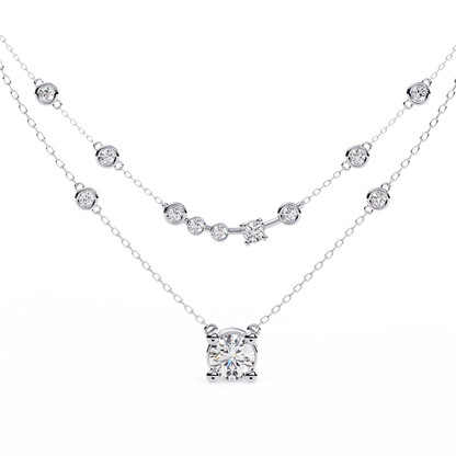 Double layer solitaire diamond necklace with floating accents