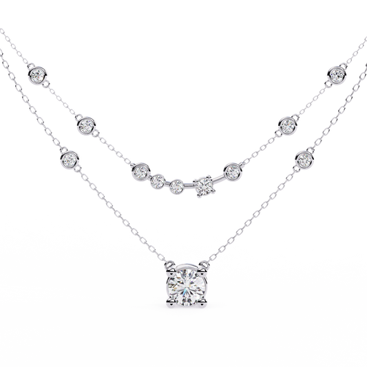 Double layer solitaire diamond necklace with floating accents