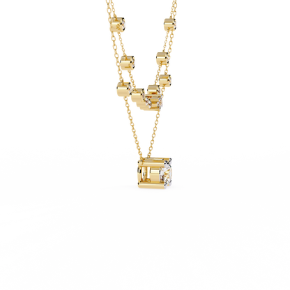 Modern multi chain necklace with round diamond centerpiece