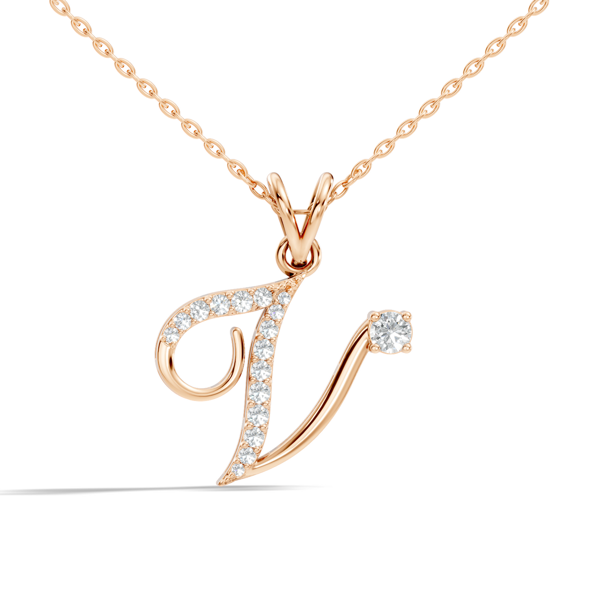 Letter V pendant necklace with round lab grown diamonds