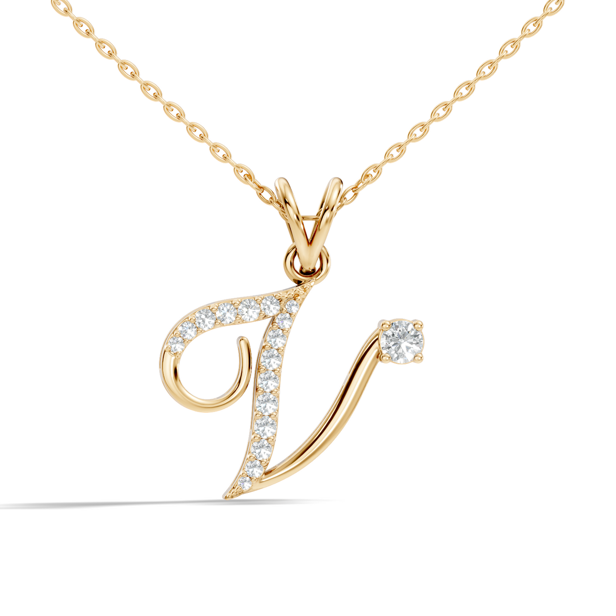 Rose gold initial V necklace with diamond accents