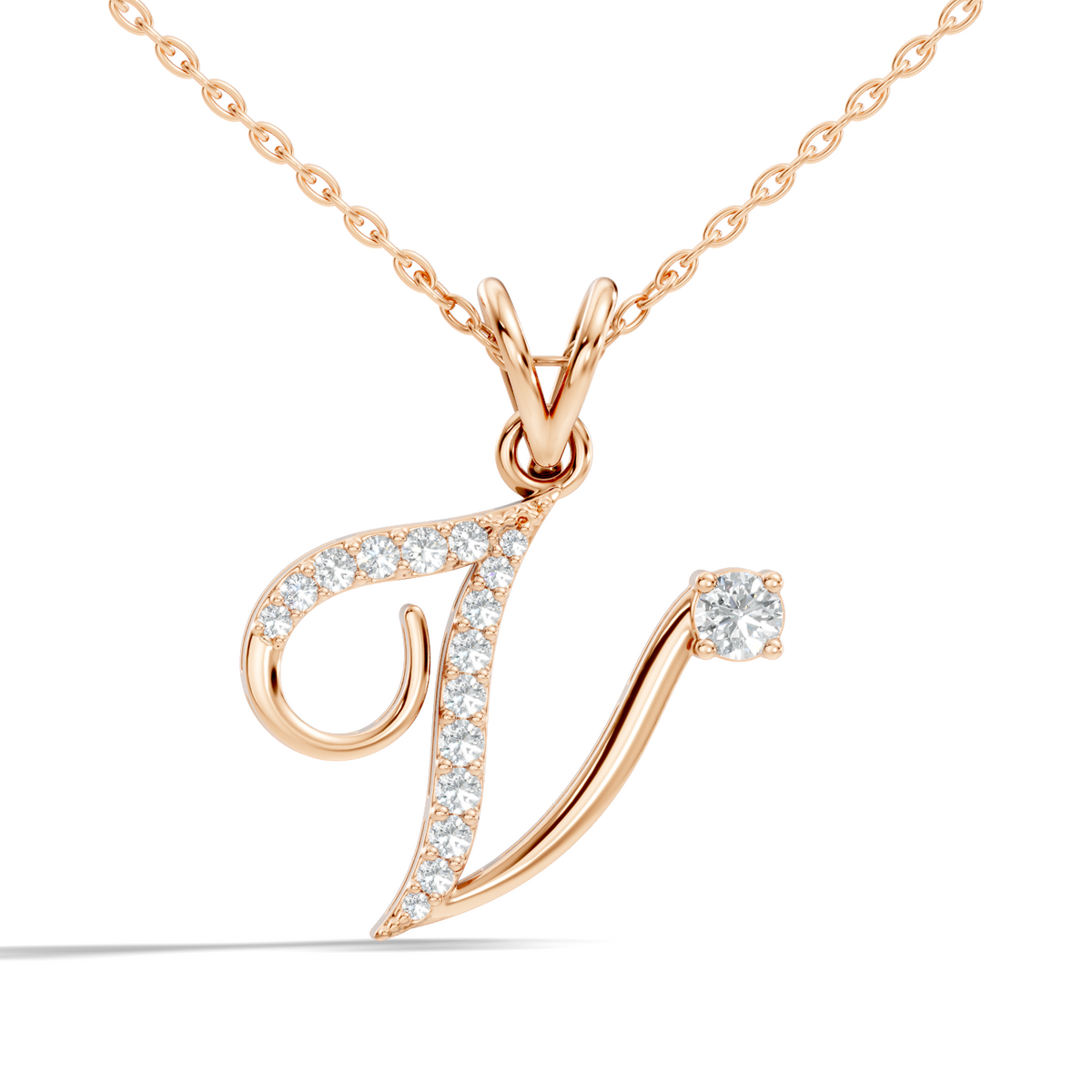 Personalized V pendant with round cut lab grown diamonds
