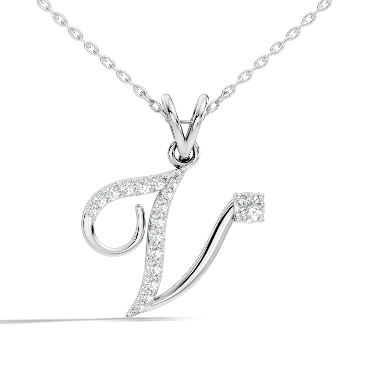 Dainty Round Cut Diamond V Pendant 14K Solid White Gold Minimalist Alphabet Necklace - HIGHCARAT DIAMONDS