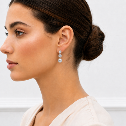 Round Lab Grown Diamond Three Stone Drop Earrings - HIGHCARAT DIAMONDS