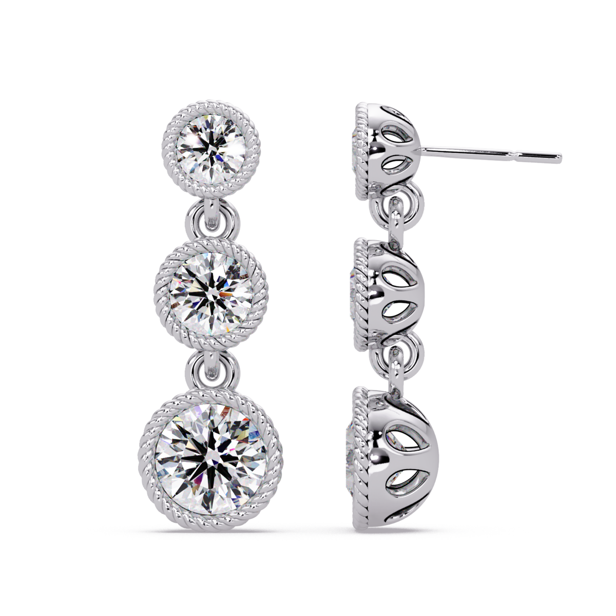 Round Lab Grown Diamond Three Stone Drop Earrings - HIGHCARAT DIAMONDS