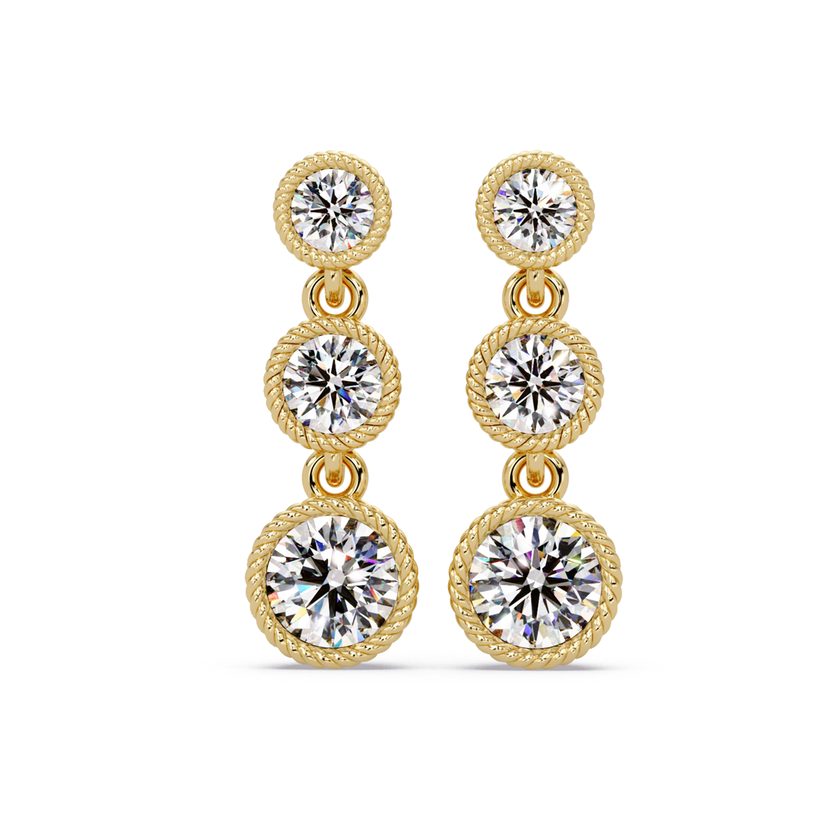 Round Lab Grown Diamond Three Stone Drop Earrings - HIGHCARAT DIAMONDS