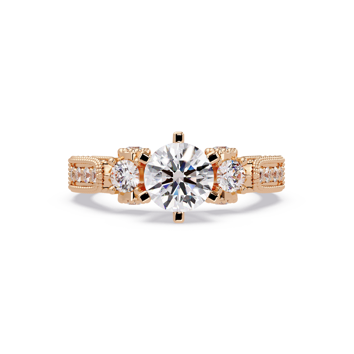 Round Lab Grown Diamond Three Stone Milgrain Band Ring - HIGHCARAT DIAMONDS