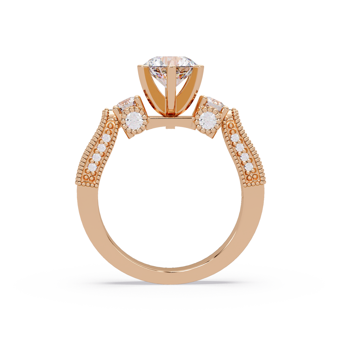 Round Lab Grown Diamond Three Stone Milgrain Band Ring - HIGHCARAT DIAMONDS