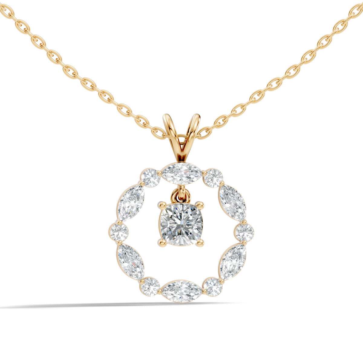 Round Lab-Grown Diamond Circle Pendant For Her Cushion & Marquise Design In 14K Gold - HIGHCARAT DIAMONDS