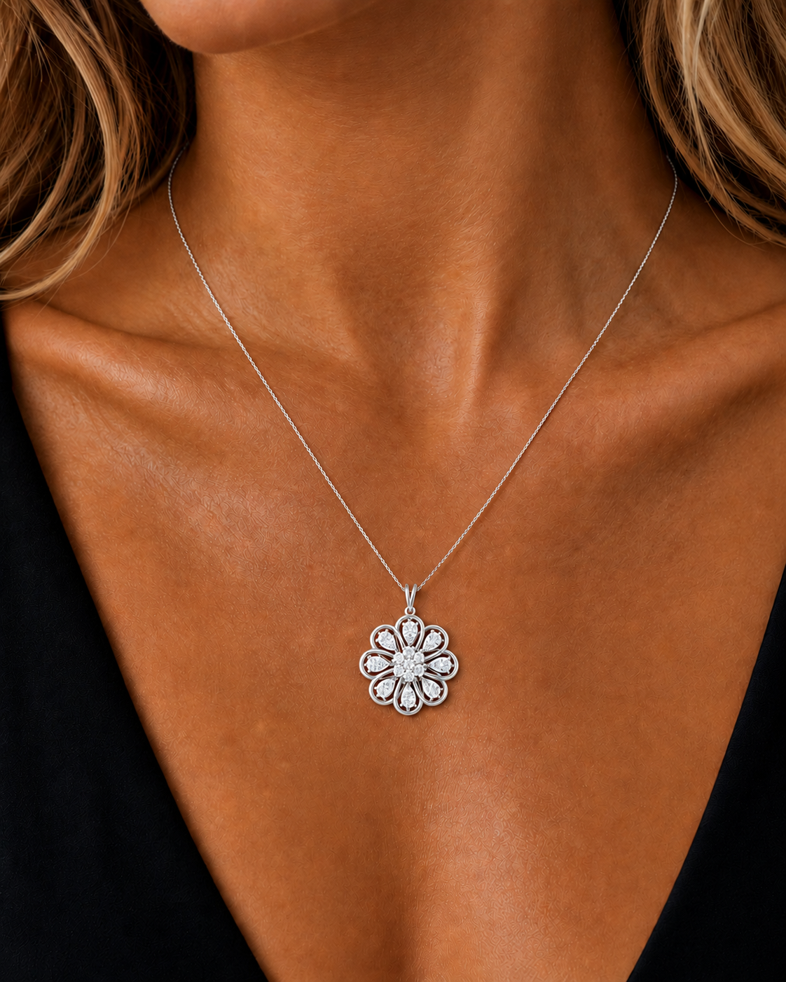 Round & Pear Lab Grown Prong Vintage Flower Shape Diamond Pendant - HIGHCARAT DIAMONDS