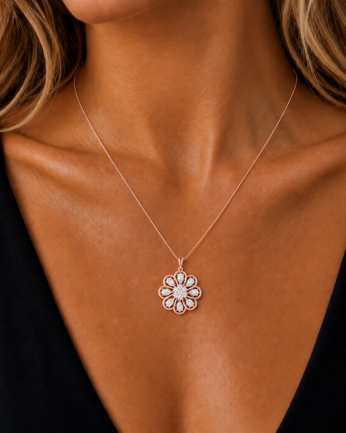 Round & Pear Lab Grown Prong Vintage Flower Shape Diamond Pendant - HIGHCARAT DIAMONDS