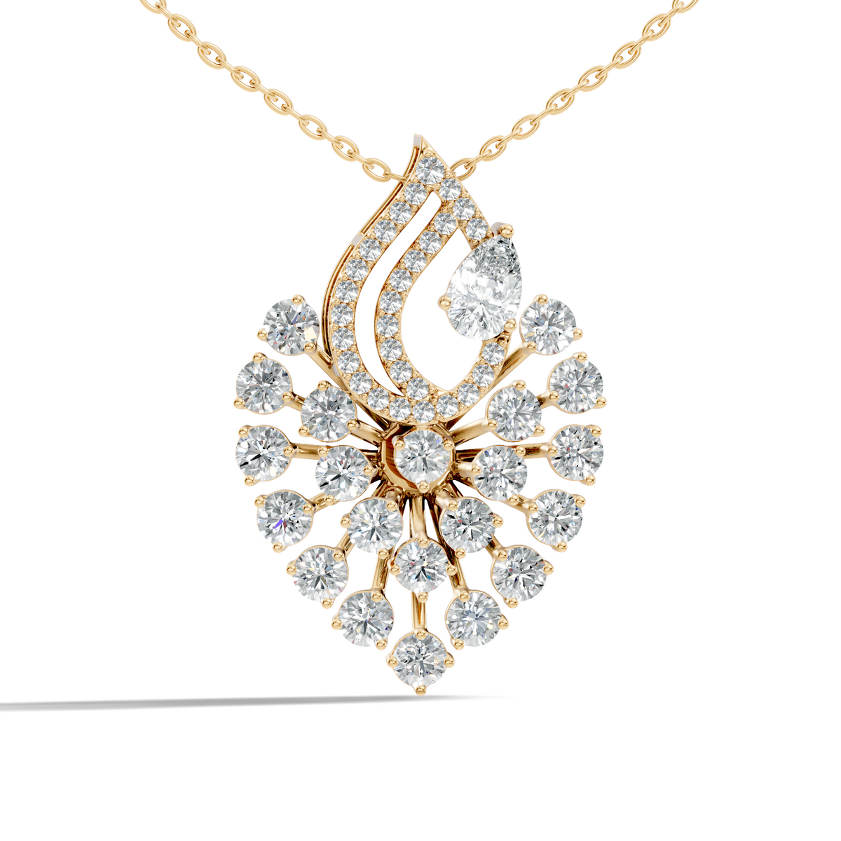 Pear And Round Labgrown Diamond 14k Gold Luxury Jewelry Peacock Feather Pendant - HIGHCARAT DIAMONDS