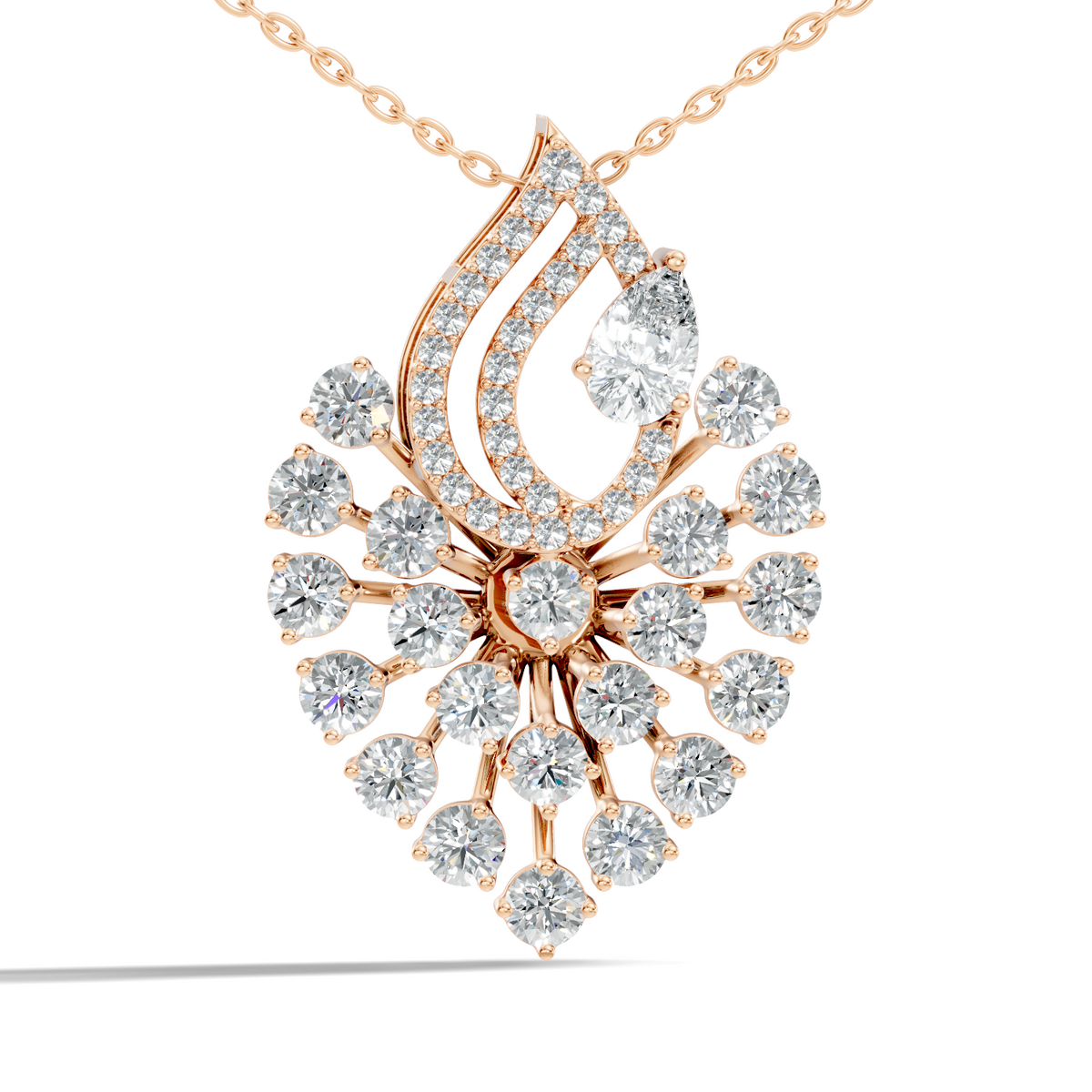 Pear And Round Labgrown Diamond 14k Gold Luxury Jewelry Peacock Feather Pendant - HIGHCARAT DIAMONDS
