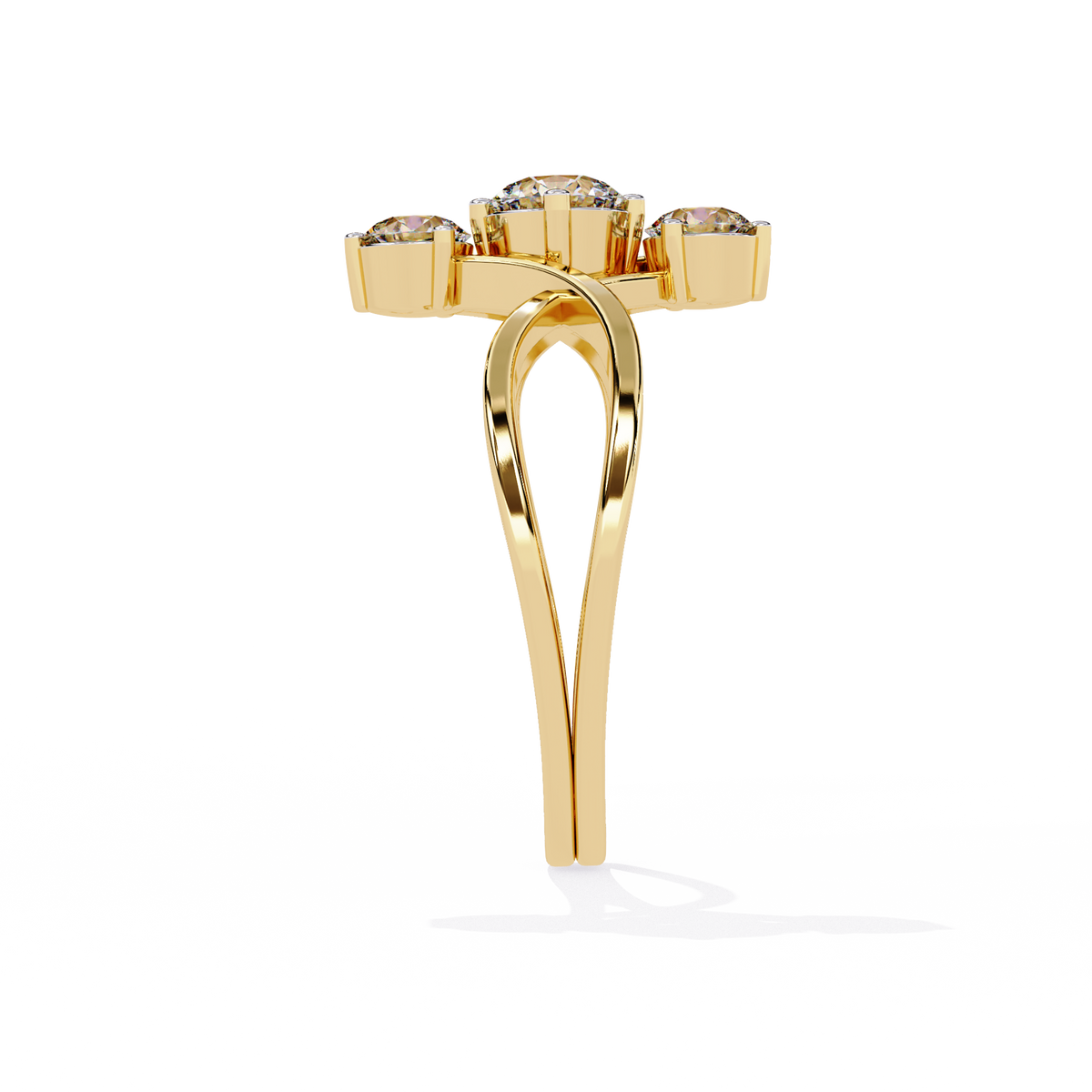 gold three stone diamond ring showing curved infinity shank details