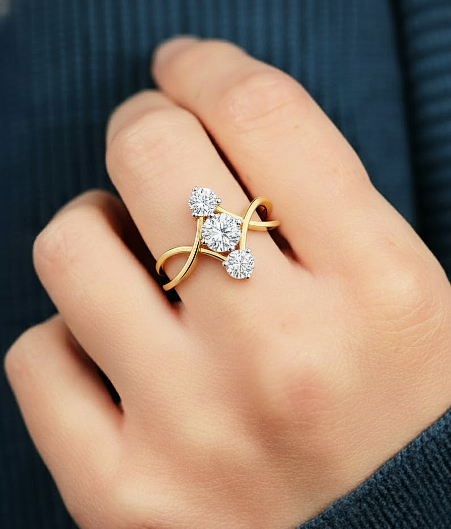 Close-up shot of round lab diamond engagement ring with triple stone setting, worn look #wearthelook