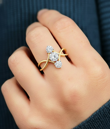 Close-up shot of round lab diamond engagement ring with triple stone setting, worn look #wearthelook