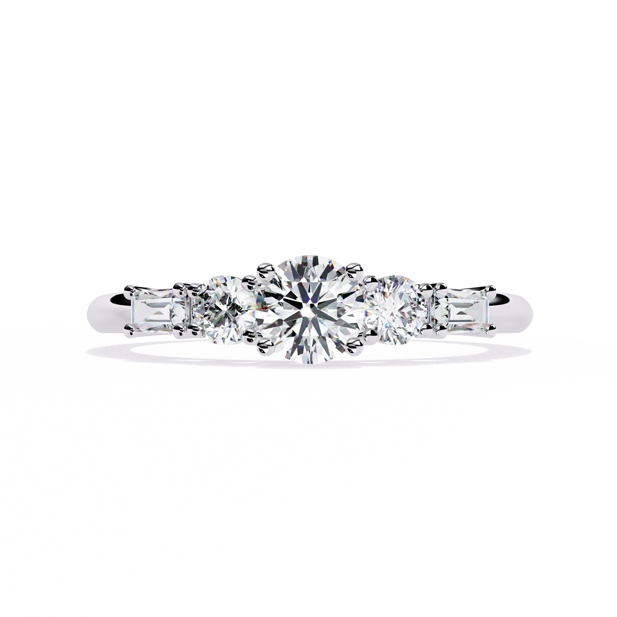 White gold ring with round center diamond and tapered baguette accents