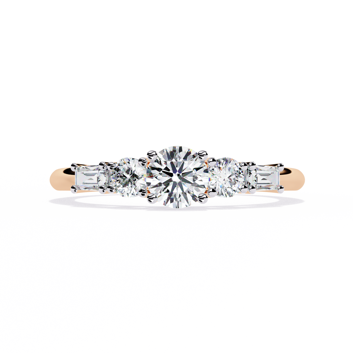 Front view of round and baguette cut lab grown diamond five stone ring