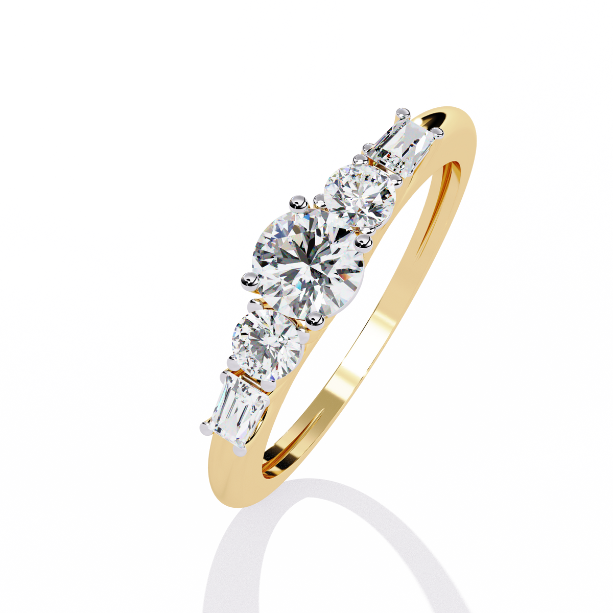 Modern five stone ring with clean baguette diamond setting