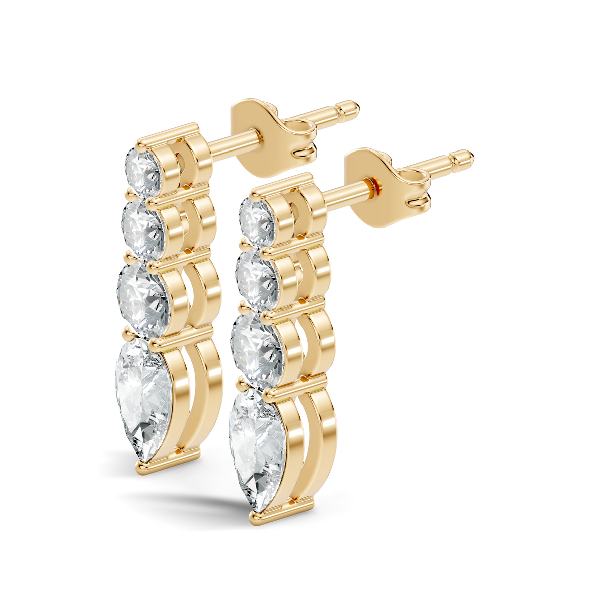 Handcrafted Gold Round Labgrown Diamond Strud Earrings Long Drop Style with Pear Cut Stones - HIGHCARAT DIAMONDS