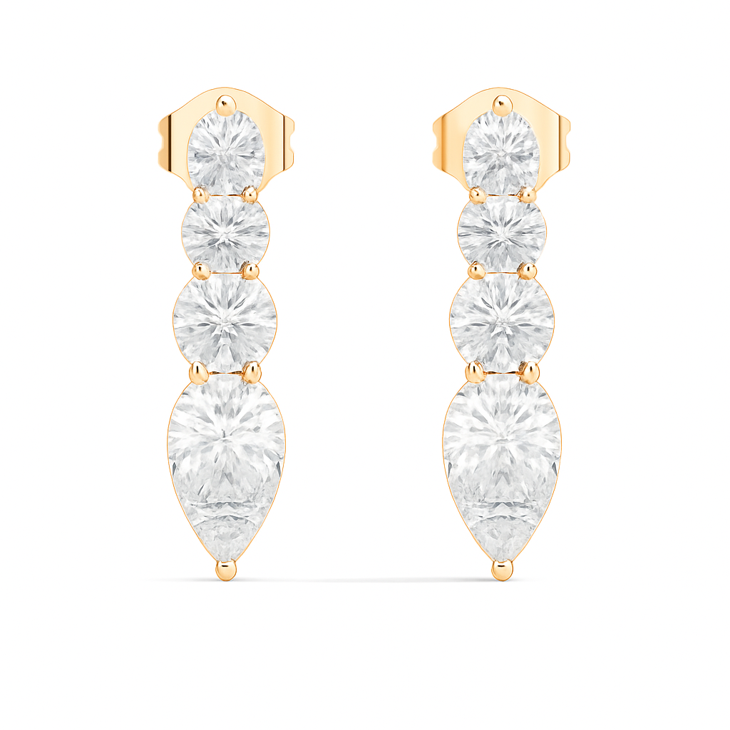 Handcrafted Gold Round Labgrown Diamond Strud Earrings Long Drop Style with Pear Cut Stones - HIGHCARAT DIAMONDS