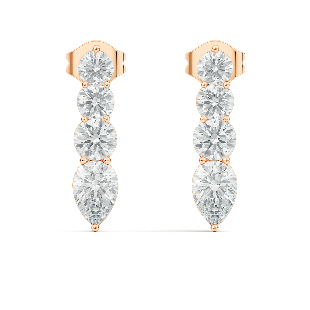 Handcrafted Gold Round Labgrown Diamond Strud Earrings Long Drop Style with Pear Cut Stones - HIGHCARAT DIAMONDS