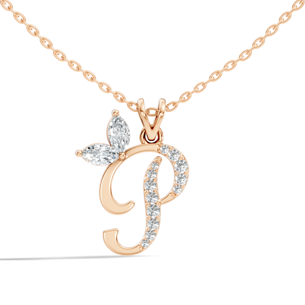 Rose gold P letter pendant with round lab diamonds and butterfly detail