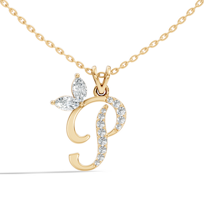 Close up of diamond P initial pendant with marquise accent stone