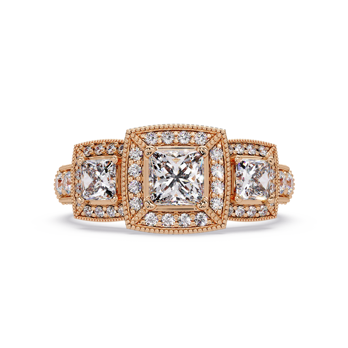Three Stone Princess Cut Lab Grown Diamond Halo Accent Ring - HIGHCARAT DIAMONDS