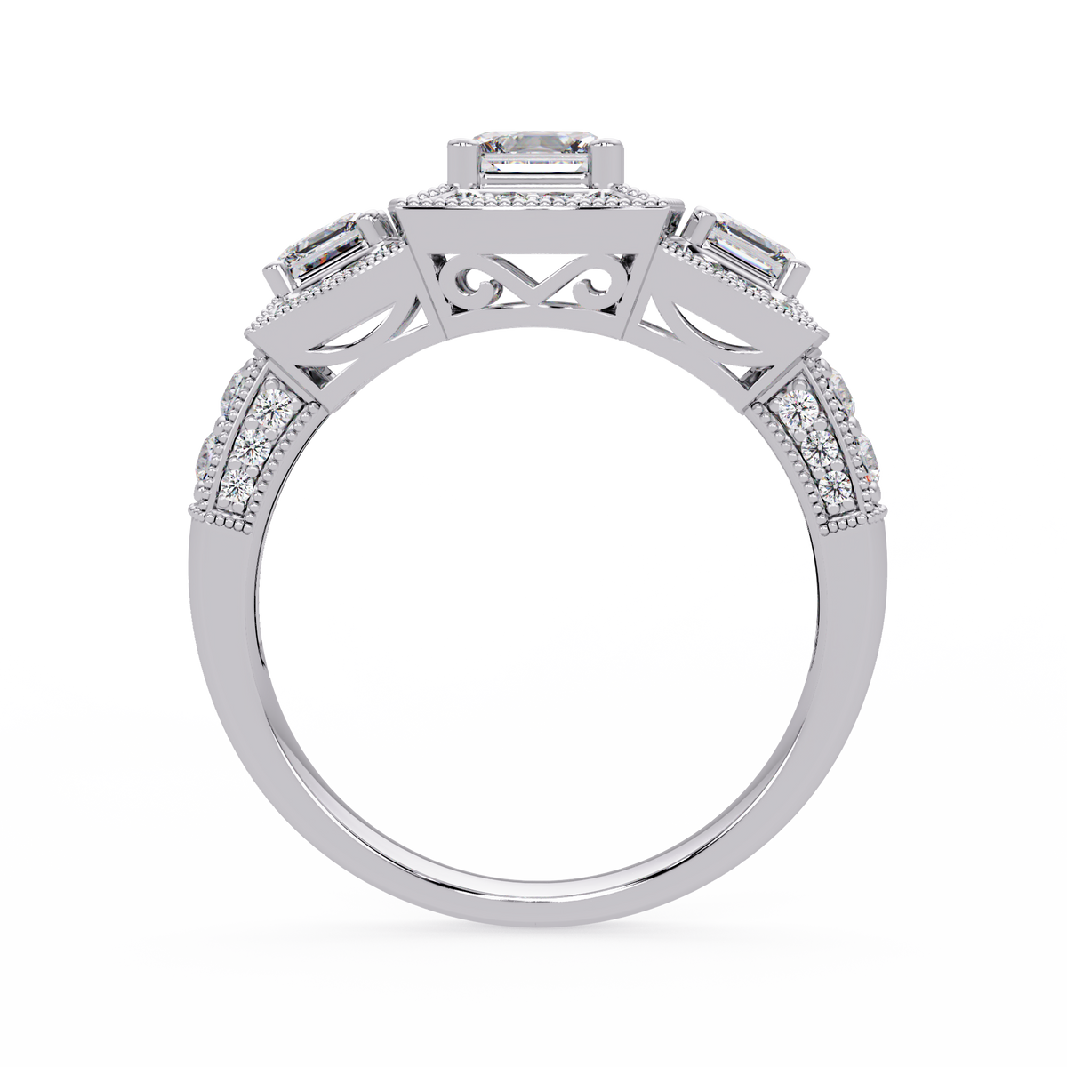 Three Stone Princess Cut Lab Grown Diamond Halo Accent Ring - HIGHCARAT DIAMONDS