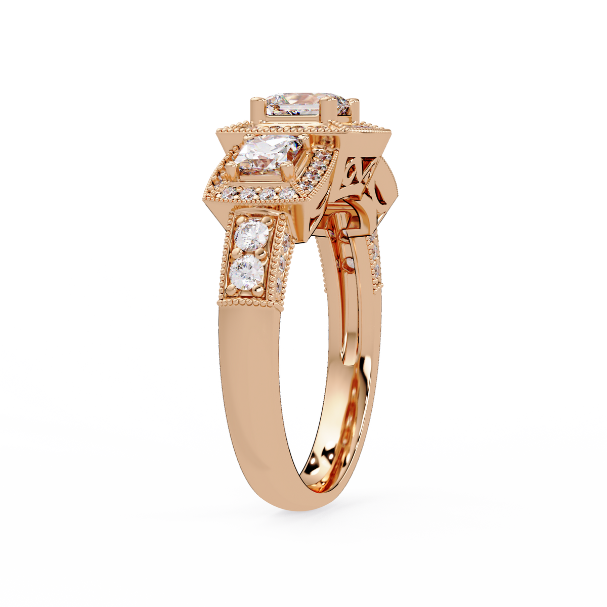 Three Stone Princess Cut Lab Grown Diamond Halo Accent Ring - HIGHCARAT DIAMONDS