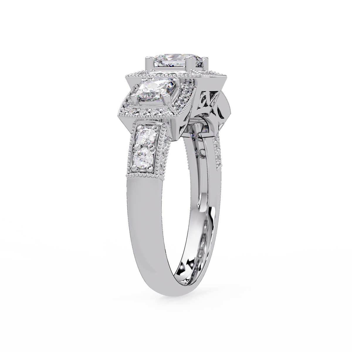 Three Stone Princess Cut Lab Grown Diamond Halo Accent Ring - HIGHCARAT DIAMONDS