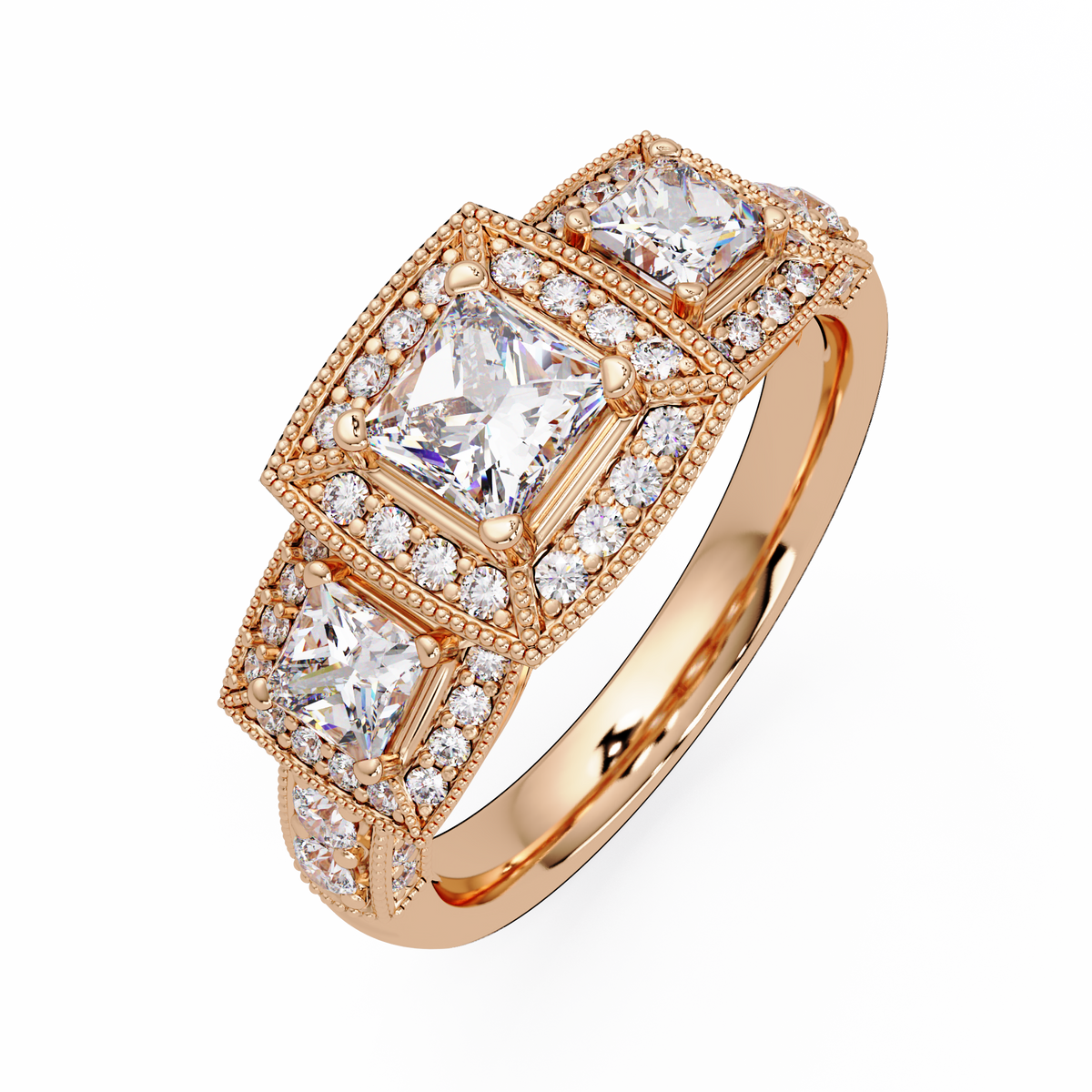 Three Stone Princess Cut Lab Grown Diamond Halo Accent Ring - HIGHCARAT DIAMONDS
