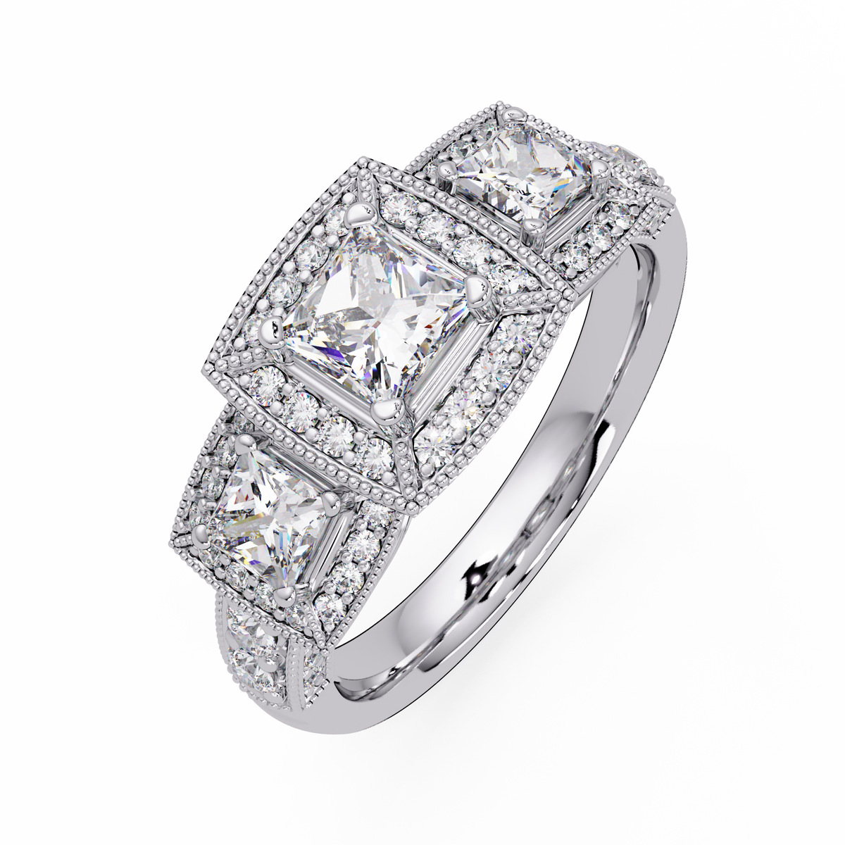 Three Stone Princess Cut Lab Grown Diamond Halo Accent Ring - HIGHCARAT DIAMONDS