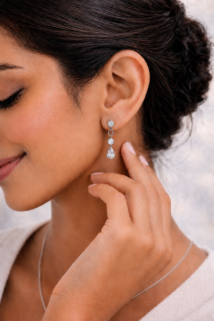 Three Stone White Gold Prong Set Drops Lab Grown Earring - HIGHCARAT DIAMONDS